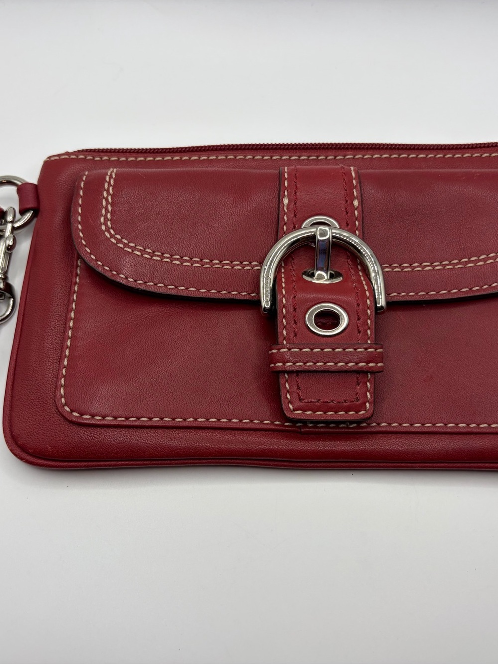 Red Leather Wristlet Clutch with Buckle Accent - Picture 3 of 5
